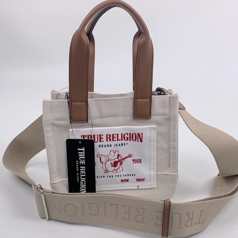 True Religion Beige Brown Canvas mini tote crossbody bag Logo strap Pockets NEW